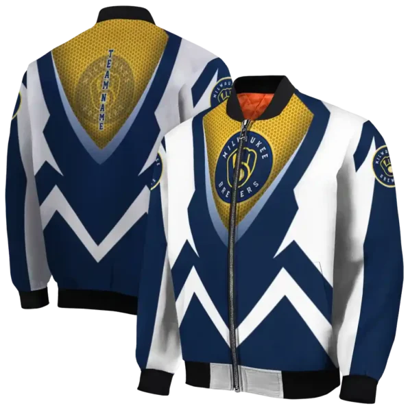customized milwaukee brewers v stripes navy blue white bomber jacket fashion forward