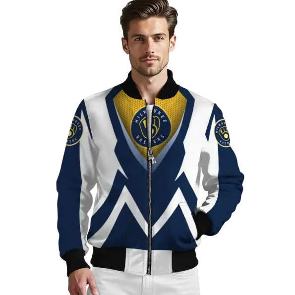customized milwaukee brewers v stripes navy blue white bomber jacket high quality