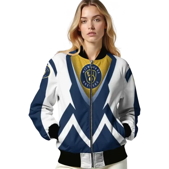 customized milwaukee brewers v stripes navy blue white bomber jacket latest model