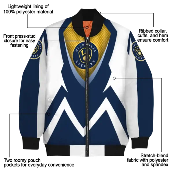 customized milwaukee brewers v stripes navy blue white bomber jacket new arrival
