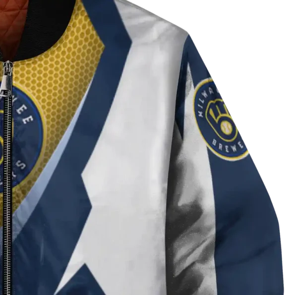 customized milwaukee brewers v stripes navy blue white bomber jacket premium grade
