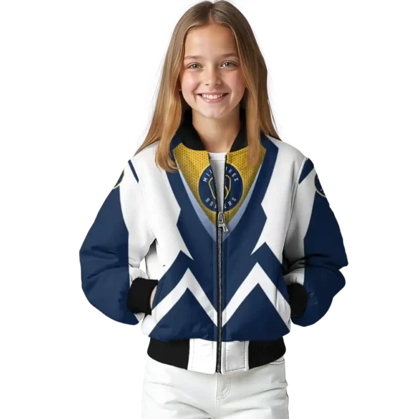 customized milwaukee brewers v stripes navy blue white bomber jacket top rated