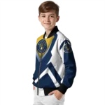 customized milwaukee brewers v stripes navy blue white bomber jacket best selling