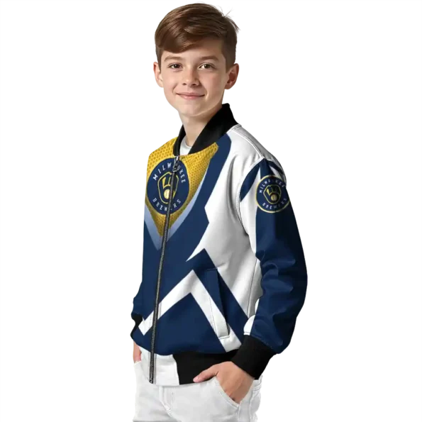 customized milwaukee brewers v stripes navy blue white bomber jacket trendy