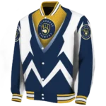 customized milwaukee brewers v stripes navy blue white varsity jacket best selling