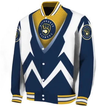 customized milwaukee brewers v stripes navy blue white varsity jacket best selling