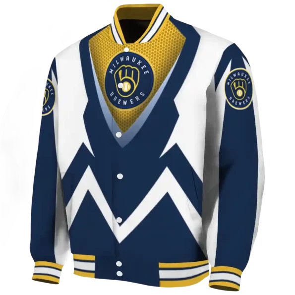 customized milwaukee brewers v stripes navy blue white varsity jacket best selling