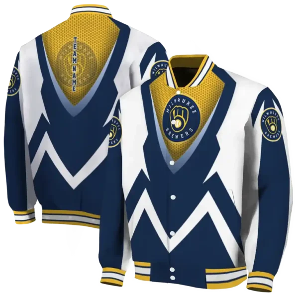 customized milwaukee brewers v stripes navy blue white varsity jacket fashion forward