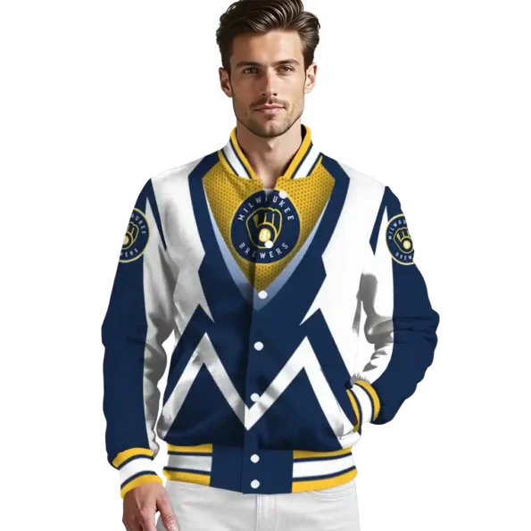 customized milwaukee brewers v stripes navy blue white varsity jacket high quality