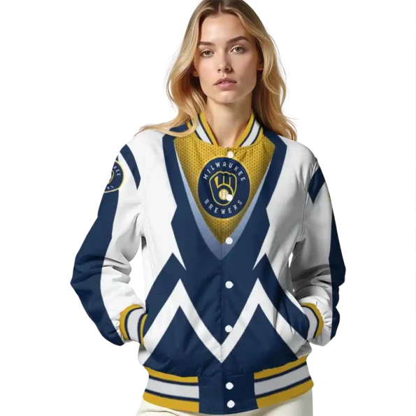 customized milwaukee brewers v stripes navy blue white varsity jacket latest model