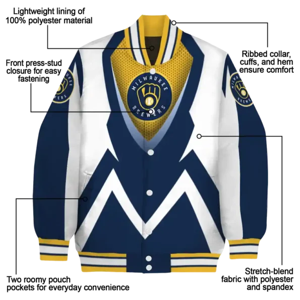 customized milwaukee brewers v stripes navy blue white varsity jacket new arrival