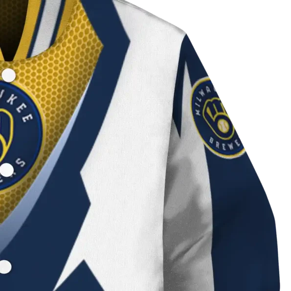 customized milwaukee brewers v stripes navy blue white varsity jacket premium grade