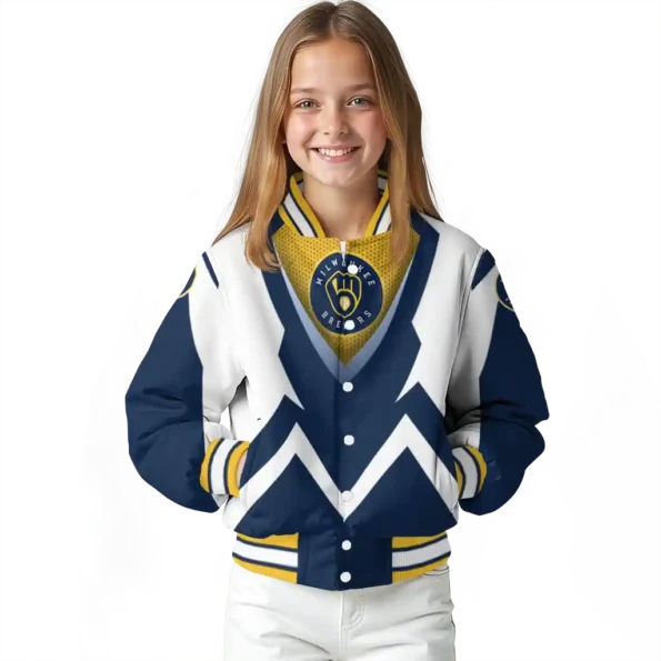 customized milwaukee brewers v stripes navy blue white varsity jacket top rated
