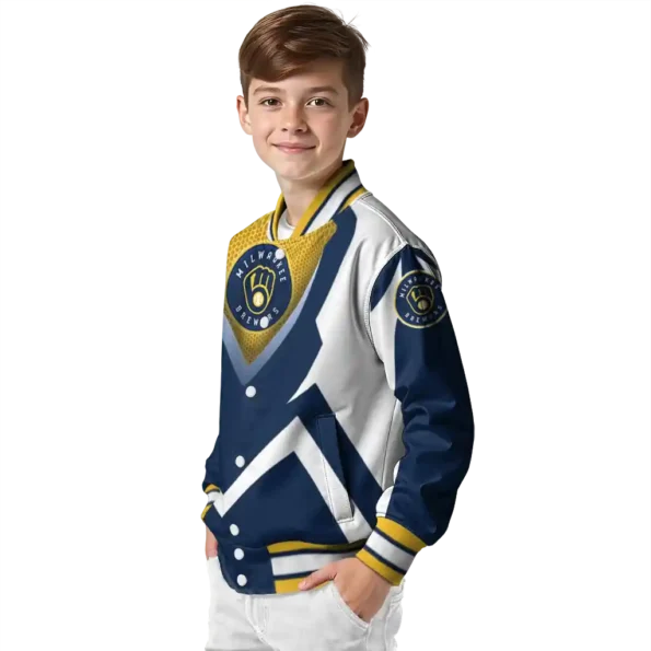 customized milwaukee brewers v stripes navy blue white varsity jacket trendy