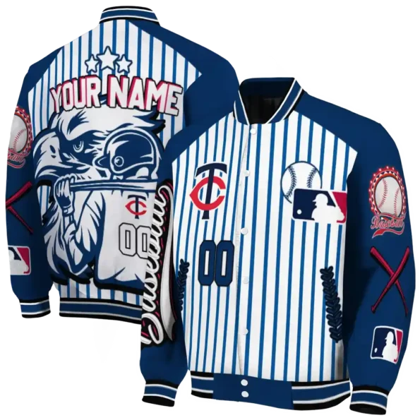 customized minnesota twins eagle baseball navy white varsity jacket fashion forward
