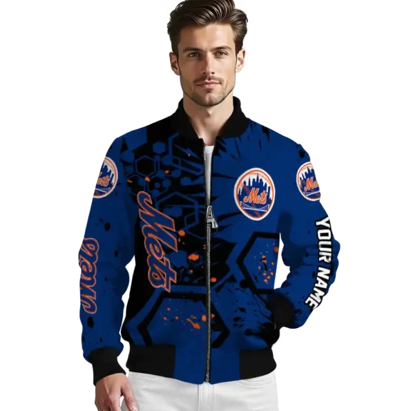 customized new york mets hexagon cluster blue black bomber jacket high quality