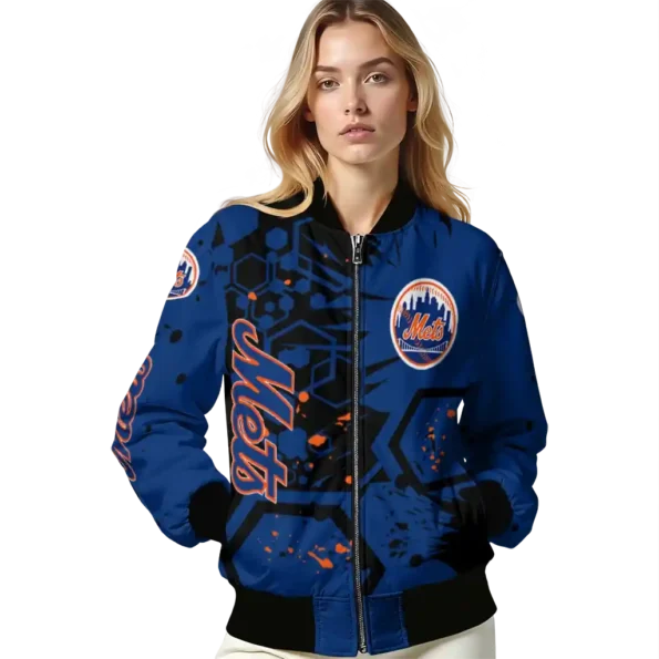 customized new york mets hexagon cluster blue black bomber jacket latest model
