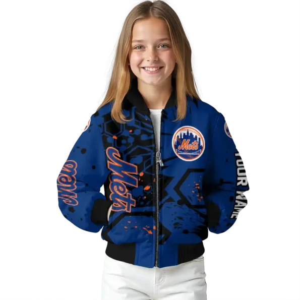 customized new york mets hexagon cluster blue black bomber jacket top rated