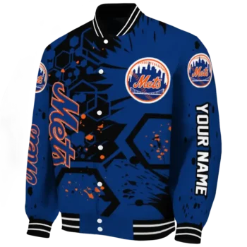 customized new york mets hexagon cluster blue black varsity jacket best selling