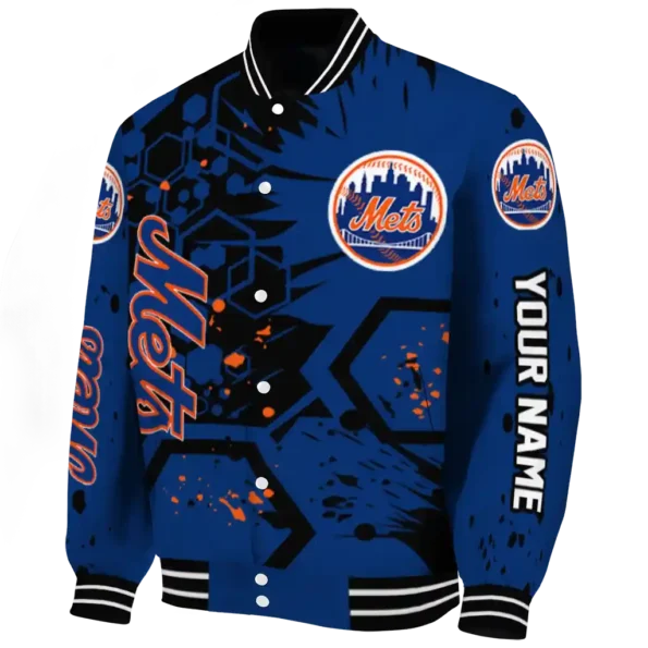 customized new york mets hexagon cluster blue black varsity jacket best selling