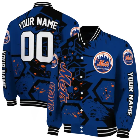 customized new york mets hexagon cluster blue black varsity jacket fashion forward