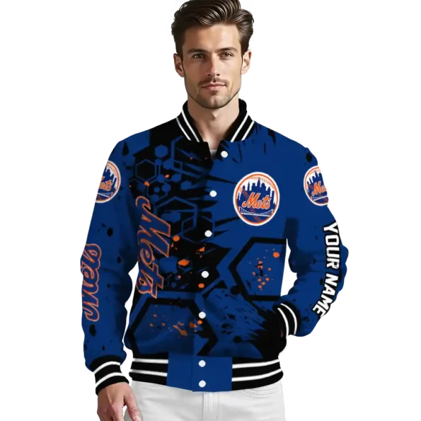 customized new york mets hexagon cluster blue black varsity jacket high quality
