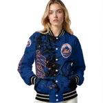 customized new york mets hexagon cluster blue black varsity jacket best selling
