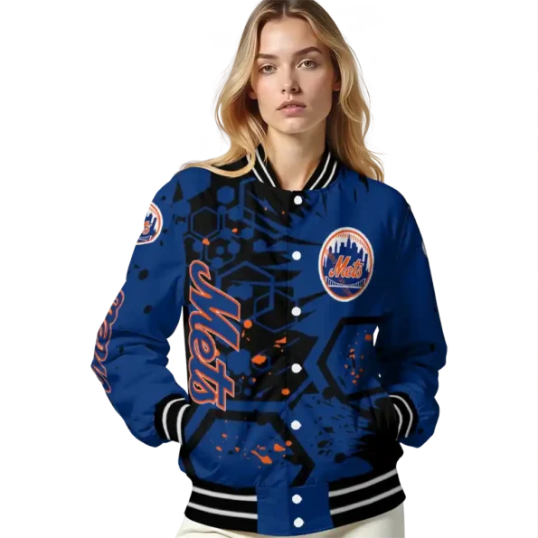 customized new york mets hexagon cluster blue black varsity jacket latest model