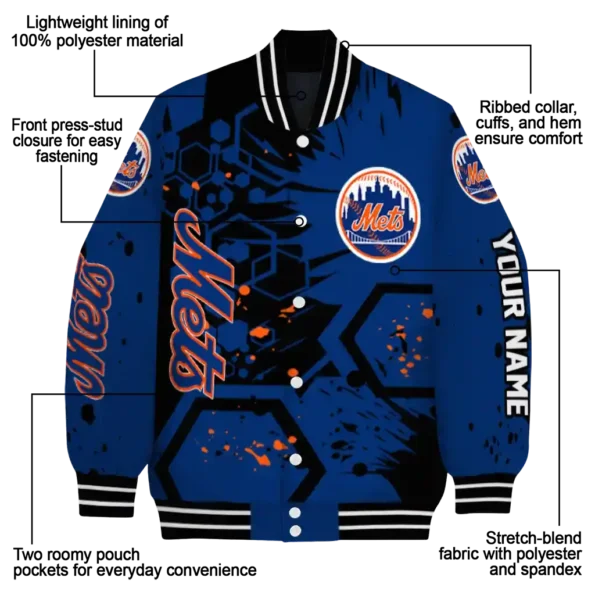customized new york mets hexagon cluster blue black varsity jacket new arrival