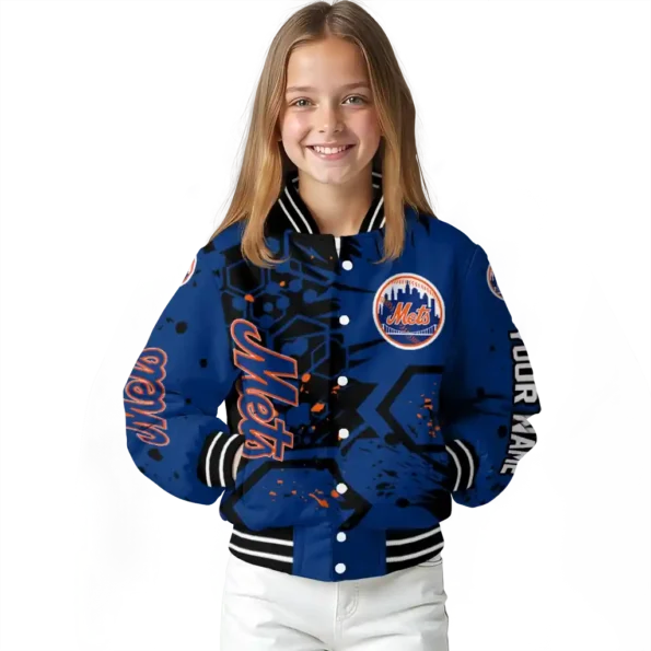 customized new york mets hexagon cluster blue black varsity jacket top rated