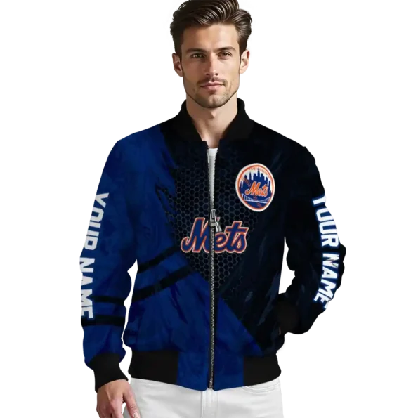 customized new york mets hexagon mesh blue black bomber jacket high quality