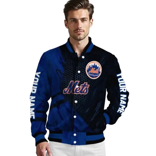 customized new york mets hexagon mesh blue black varsity jacket high quality