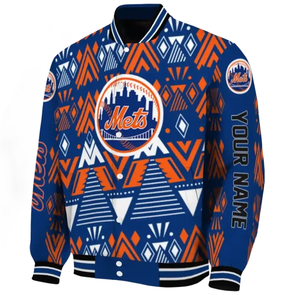 customized new york mets pyramid shapes blue varsity jacket best selling