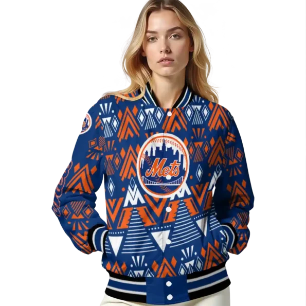 customized new york mets pyramid shapes blue varsity jacket latest model