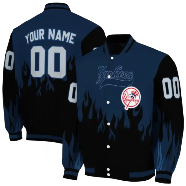 customized new york yankees flame border navy black varsity jacket fashion forward