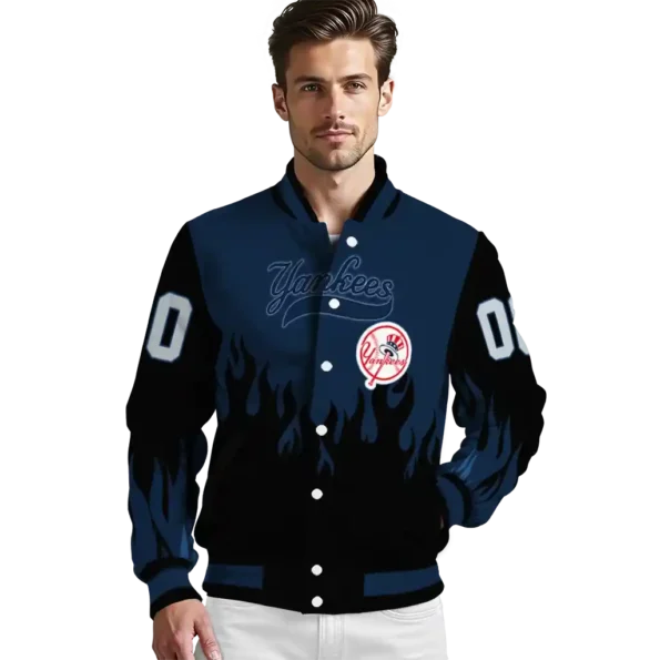 customized new york yankees flame border navy black varsity jacket high quality