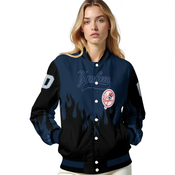 customized new york yankees flame border navy black varsity jacket latest model
