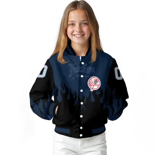customized new york yankees flame border navy black varsity jacket top rated