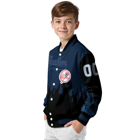 customized new york yankees flame border navy black varsity jacket trendy