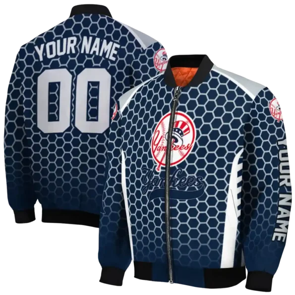 customized new york yankees hexagon grid navy bomber jacket fashion forward