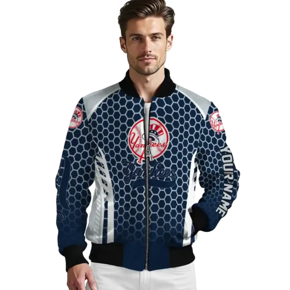 customized new york yankees hexagon grid navy bomber jacket high quality