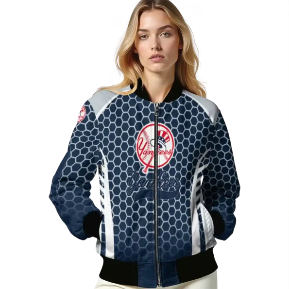 customized new york yankees hexagon grid navy bomber jacket latest model