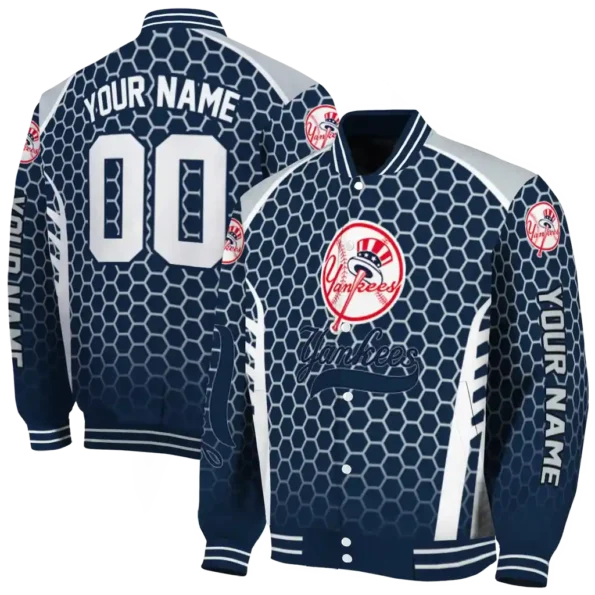 customized new york yankees hexagon grid navy varsity jacket fashion forward