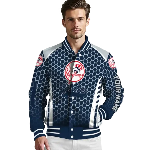 customized new york yankees hexagon grid navy varsity jacket high quality