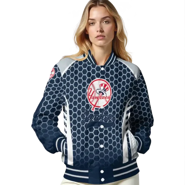 customized new york yankees hexagon grid navy varsity jacket latest model