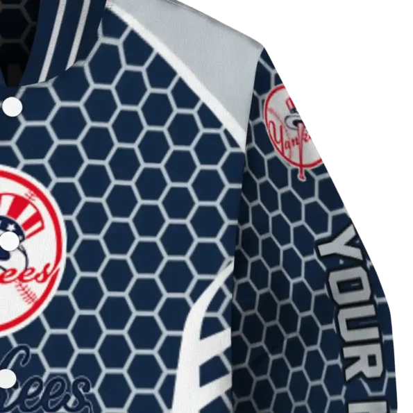 customized new york yankees hexagon grid navy varsity jacket premium grade