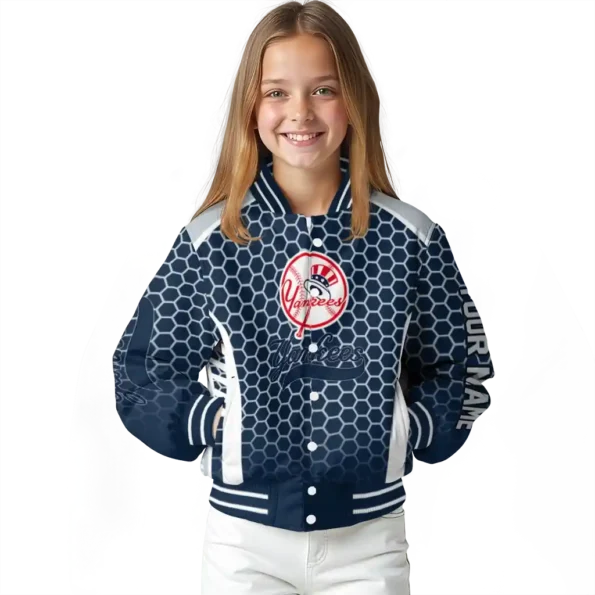 customized new york yankees hexagon grid navy varsity jacket top rated