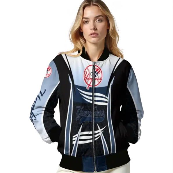 customized new york yankees mesh effect navy black bomber jacket latest model