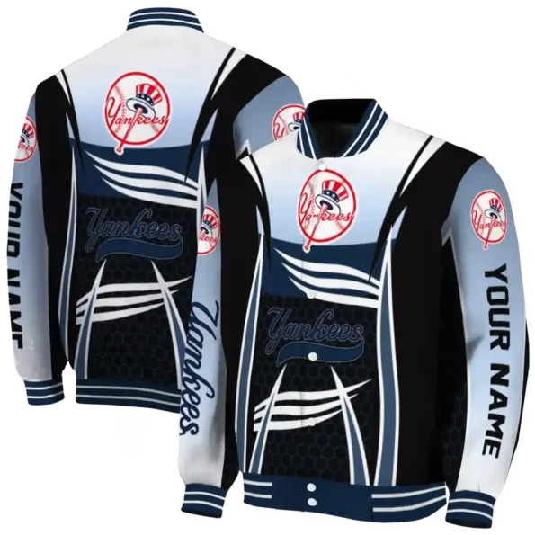 customized new york yankees mesh effect navy black varsity jacket fashion forward