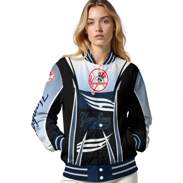 customized new york yankees mesh effect navy black varsity jacket latest model
